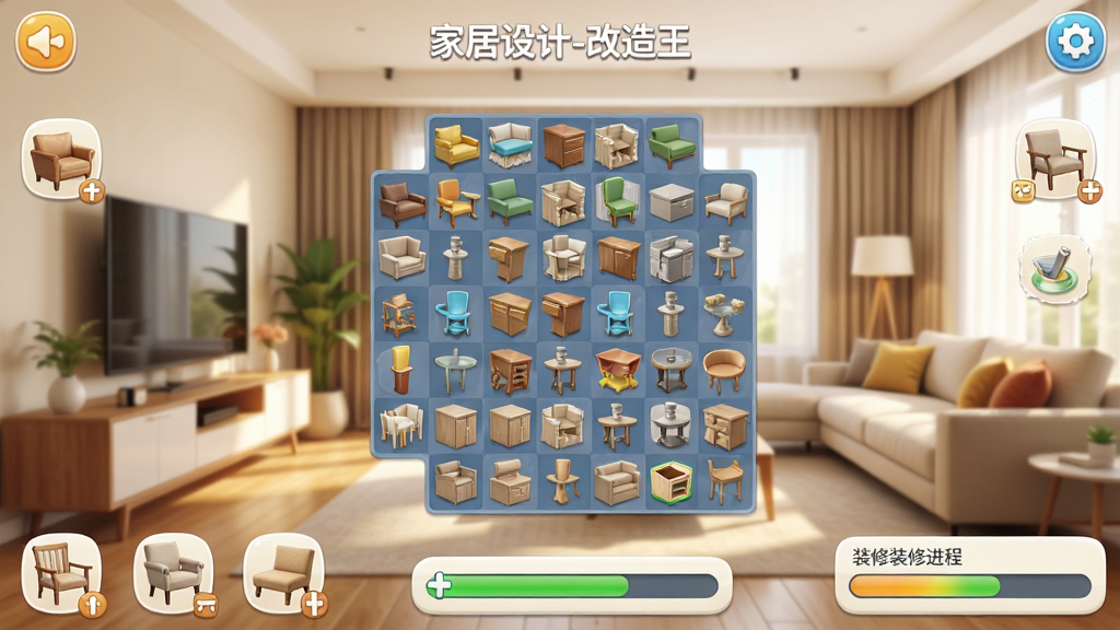 一款名为“家居设计-改造王”的手机游戏界面截图,画面中央是三消棋盘,周围环绕着精美的家具图标和装修进度条,背景是正在改造中的现代客厅,明亮温馨的色调,高清画质,干净整洁,无多余元素