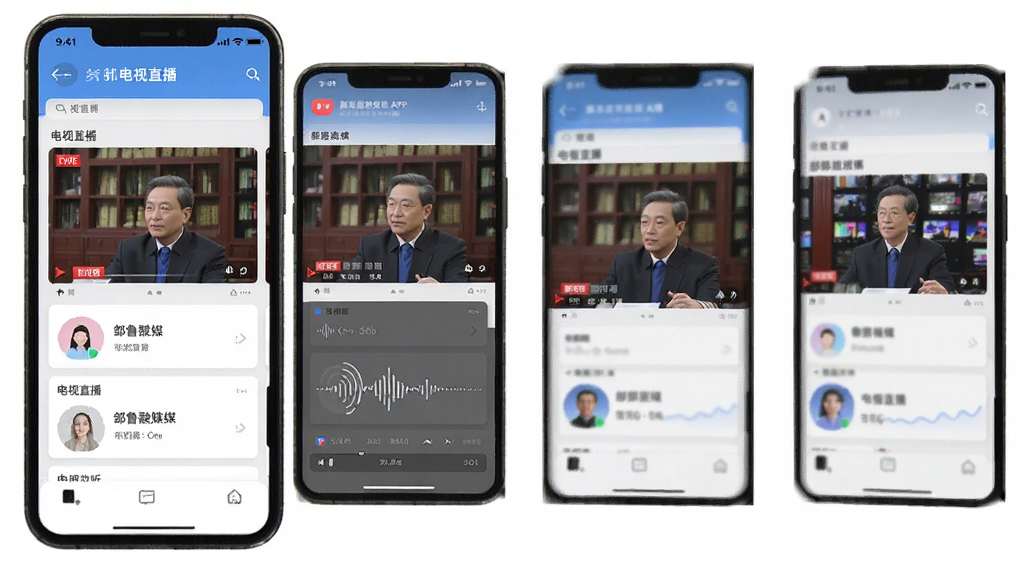 邹鲁融媒APP界面展示电视直播与广播收听功能,主体为手机多屏展示,布局为横向排列,排版清晰,风格为扁平化设计,细节有直播画面和音频波纹,画质清晰,干净,无多余元素