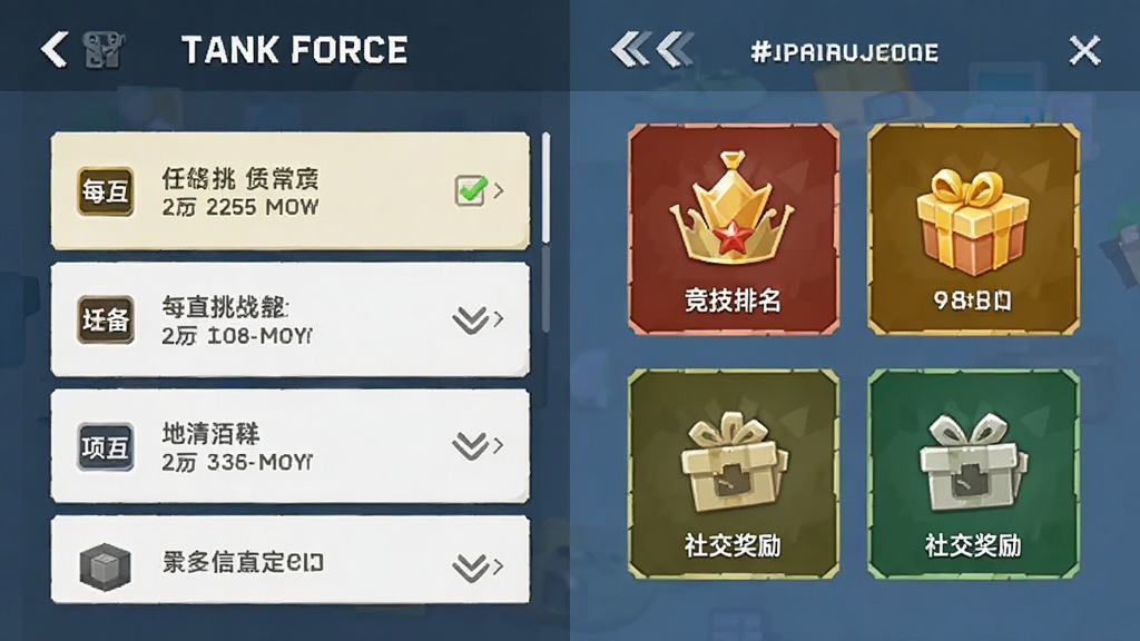 ̹������ Tank Force ���������棬����Ϊ�����б��뽱��ͼ�꣬���ֲ��������Ű棬��������죬ϸ��չʾÿ����ս�������������罻������ģ�飬�����������ɾ����޶���Ԫ��