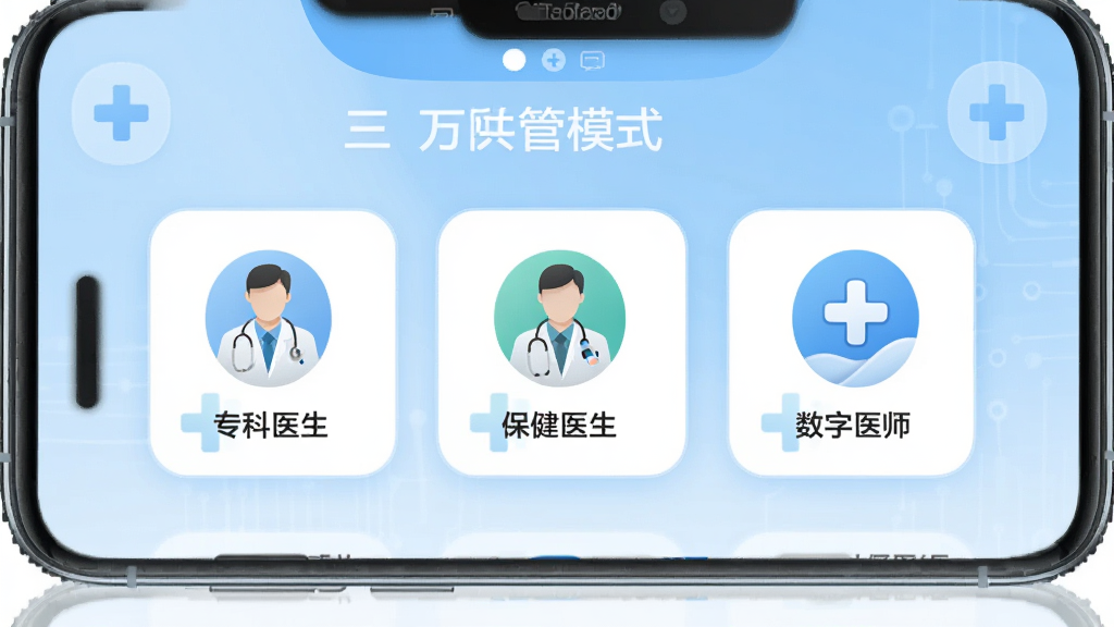 ��ҽ��APP��ʦ����ģʽ����չʾ������Ϊ�ֻ���Ļ��ʾר��ҽ��������ҽ��������ҽʦ����ģ��ͼ�꣬���־��жԳƣ��Ű����������Ϊ�ִ�ҽ�ƿƼ��磬ϸ�ڰ���ǳ��ɫ���䱳����Բ�ǿ�Ƭ��ҽ��ʮ��ͼ�꣬���ʸ��壬�ɾ����޶���Ԫ��