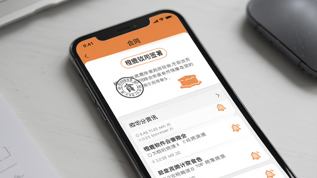 橙鹿软件合同保障与资讯页面展示,画面主体为手机屏幕显示合同签署界面和实时资讯列表,布局为上下分栏排版,风格为简约商务风,细节包括合同印章图标、资讯时间戳和推送铃铛,画质清晰干净无多余元素