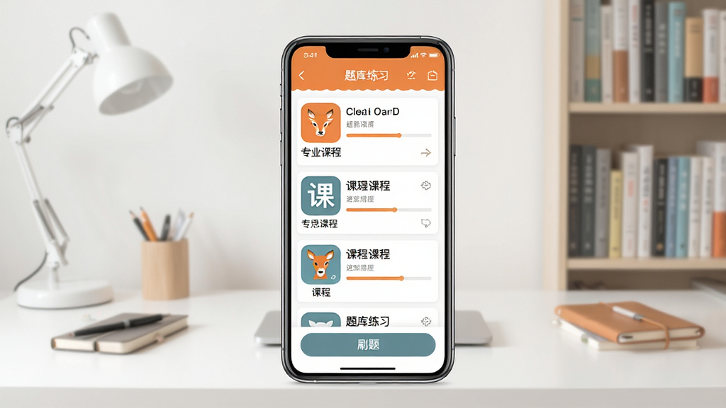 橙鹿软件学习界面展示,画面中央为手机屏幕显示专业课程列表和题库练习页面,背景为整洁的书桌和书架,布局采用居中对称排版,风格为清新教育风,细节包括课程封面图标、进度条和刷题按钮,画质清晰干净无多余元素