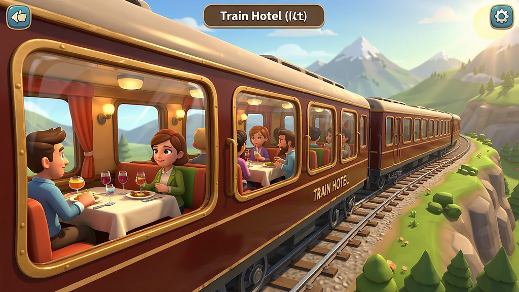 Train Hotel �𳵾Ƶ���Ϸ���棬һ�к����۹����ʻ��ɽ�������ϣ������ڳ˿������òͺ͹۾���������ÿ�ͨдʵ���ɫ��������ů��ϸ�ڷḻ�����������ɾ����޶���Ԫ��