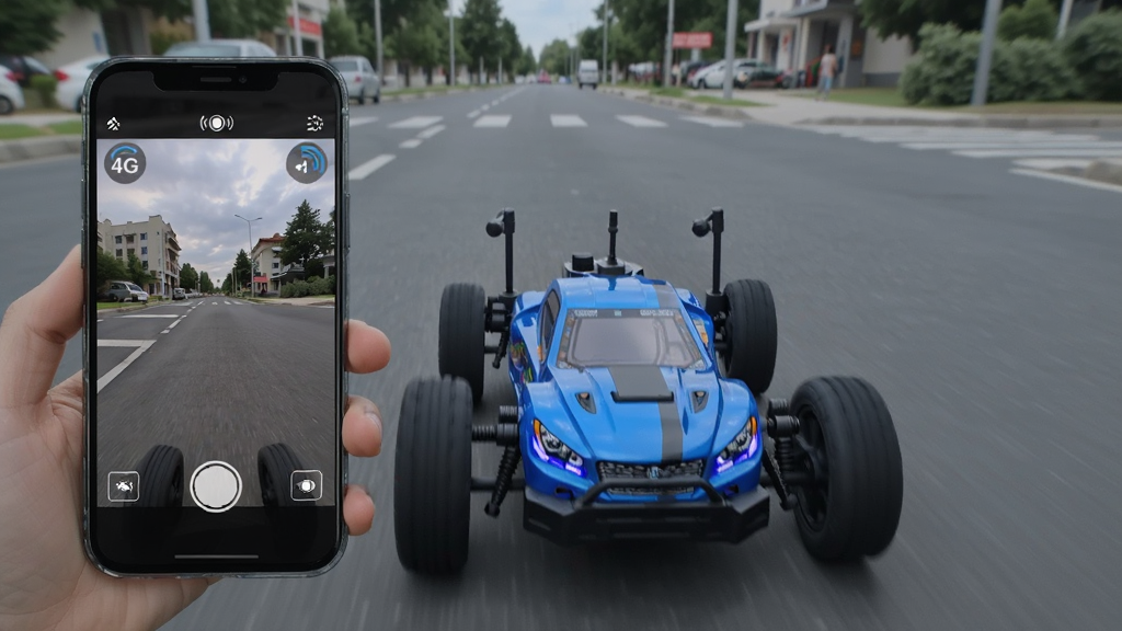 RC����Զ��ң�س��ڽֵ���ʻ���ֻ���Ļ��ʾ��һ�ӽ���Ƶ���棬4G�����ź�ͼ�꣬�Ƽ���ɫ��������дʵ��񣬻���ɾ��޶���Ԫ��