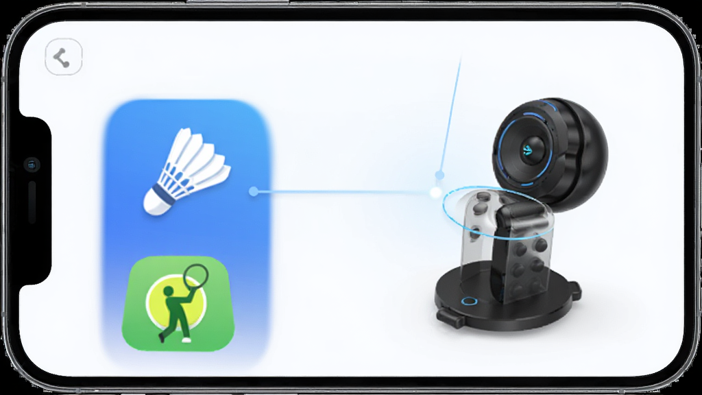 WitiSports体感运动APP首页展示,主体为手机屏幕与体感设备联动画面,布局居中,排版简洁,风格科技运动风,细节包含羽毛球、网球、高尔夫图标,画质高清,干净,无多余元素