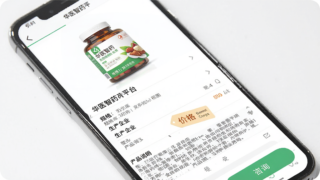 һ���ֻ�APP��Ʒ����ҳ���棬����Ϊ��ҽ��ҩƽ̨ĳҩƷ����ϸ��Ϣҳ�����ִ��ϵ�������ΪҩƷ��ͼ�����ơ����������ҵ����Ʒ˵�����Ű����������ɾ���ˬ��ϸ�ڰ����۸��ǩ����ѯ��ť�����ʸ��壬�ɾ����޶���Ԫ��