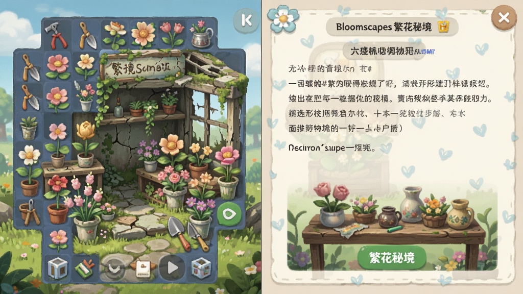 Bloomscapes �����ؾ���Ϸ����������Ϊ�ķϻ����𽥸��յĻ��棬����Ϊ������������Ҳ����չʾ���Ű��������������ϵ��ϸ�ڰ������䡢���ߡ�װ��Ʒ�����ʸɾ����޶���Ԫ��