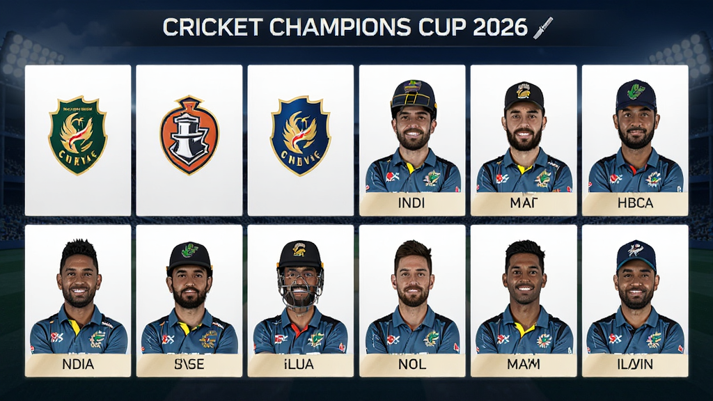 Cricket Champions Cup 2026 游戏角色选择界面 展示多支国际板球队队徽和球员阵容 布局清晰 排版整齐 体育竞技风格 细节丰富 画质高清 干净 无多余元素