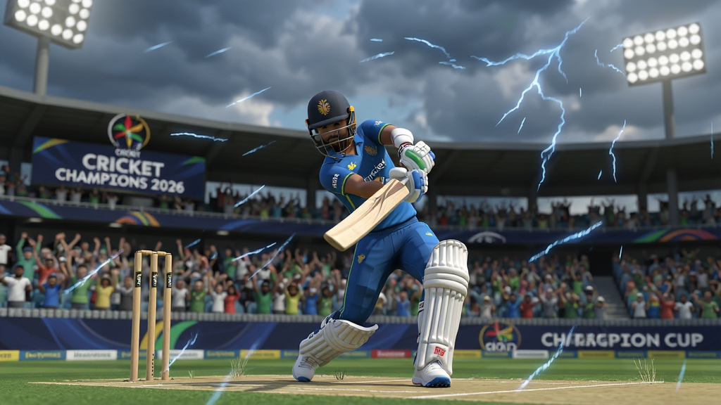 Cricket Champions Cup 2026 游戏比赛场景 板球运动员在体育场击球 动态天气效果 观众席人群 高清画质 3D渲染 干净 无多余元素