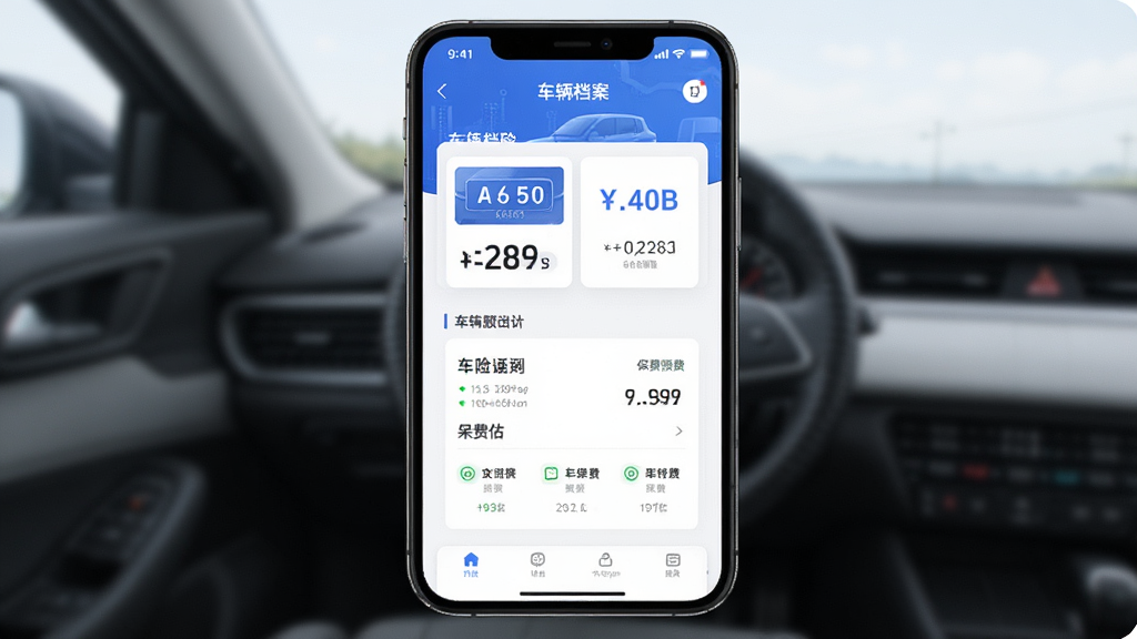 车险价格通软件界面展示,手机屏幕中呈现车辆档案管理页面和车险预估功能,主体为一部智能手机,布局居中,排版简洁,风格为现代科技感,细节包含车牌信息卡片和保费数字,画质清晰,干净,无多余元素