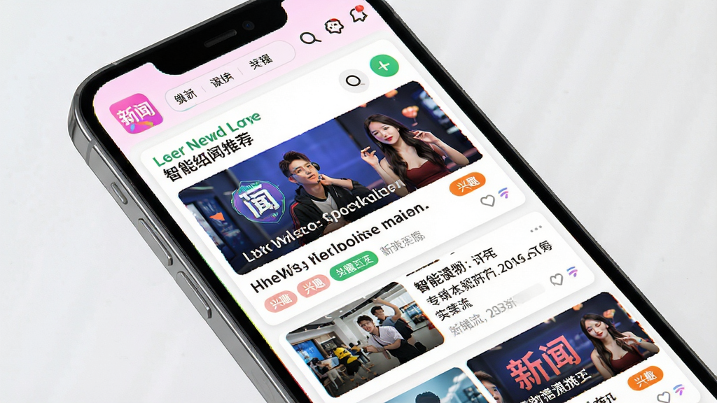封面新闻App智能推荐信息流界面,主体为手机屏幕,布局展示个性化新闻推荐列表,排版错落有致,风格活力年轻,细节包含新闻缩略图和兴趣标签,画质清晰,干净,无多余元素