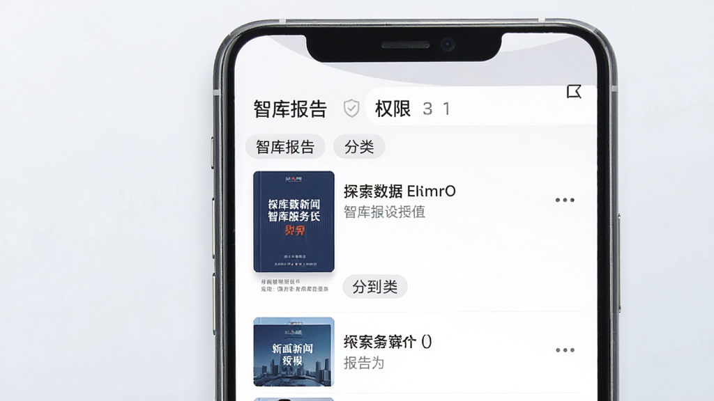 封面新闻App智库服务页面,主体为手机屏幕,布局展示智库报告列表和权限标识,排版专业正式,风格商务简约,细节包含报告封面和分类标签,画质高清,干净,无多余元素