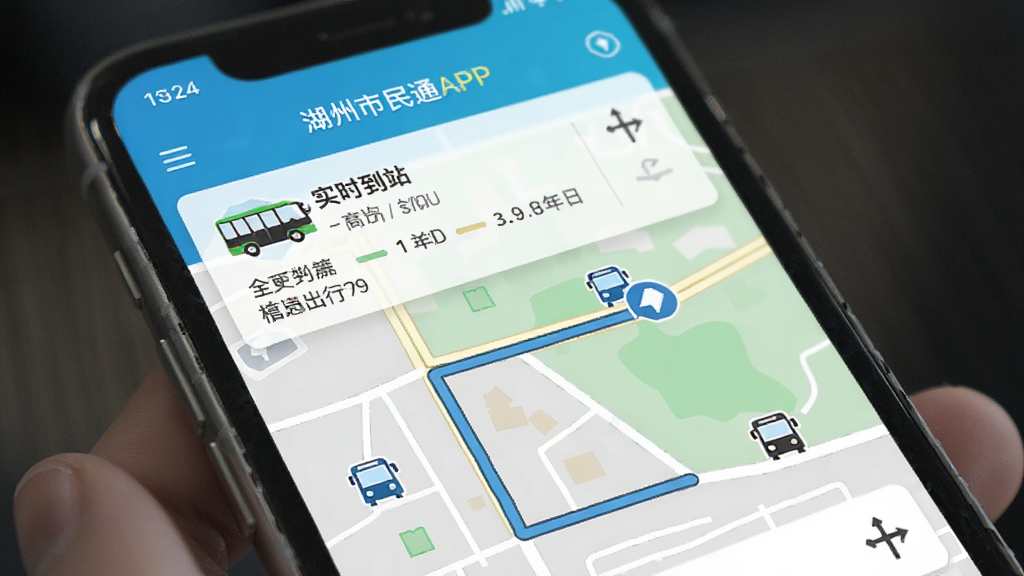 湖州市民通APP交通出行模块,手机屏幕显示公交实时到站信息与地图路线,周围有公交车图标和道路元素,布局清晰,风格扁平化,细节丰富,画质明亮,无多余元素