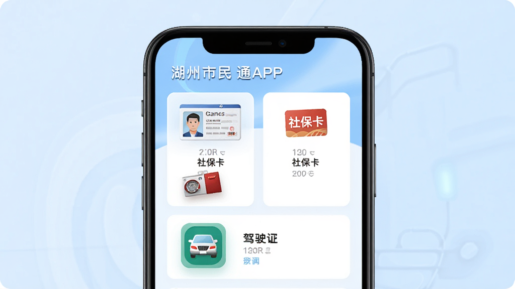湖州市民通APP首页界面,手机屏幕展示电子证照卡片列表,包含身份证、社保卡、驾驶证图标,背景为淡蓝色渐变,布局简洁,风格现代科技感,细节清晰,画质干净,无多余元素