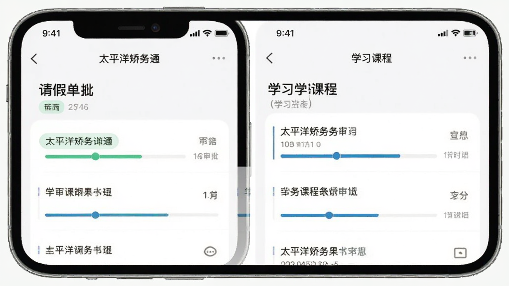 太平洋矫务通请假审批与学习列表界面,主体为浅色背景的手机应用画面,布局左右分栏显示请假单和学习课程,排版整齐有序,风格清新简约,细节包含审批状态标签、学习进度条和文字条目,画质清晰干净无多余元素