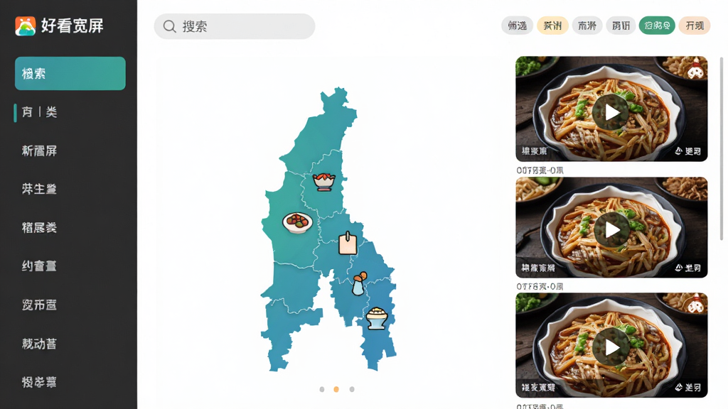 “好看宽屏”APP分类检索页面,主体为四川地图与美食图标结合,布局为左侧分类栏右侧视频列表,排版整齐,风格扁平化,细节包含搜索框与筛选标签,画质清晰,干净,无多余元素
