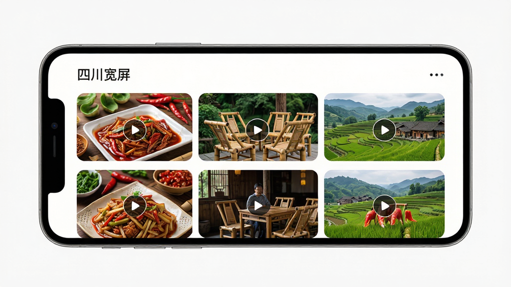 手机屏幕展示“好看宽屏”APP界面,主体为四川美食与田园风光视频缩略图网格布局,排版简洁,风格清新自然,细节包含辣椒、竹椅、茶馆等四川元素,画质高清,干净,无多余元素