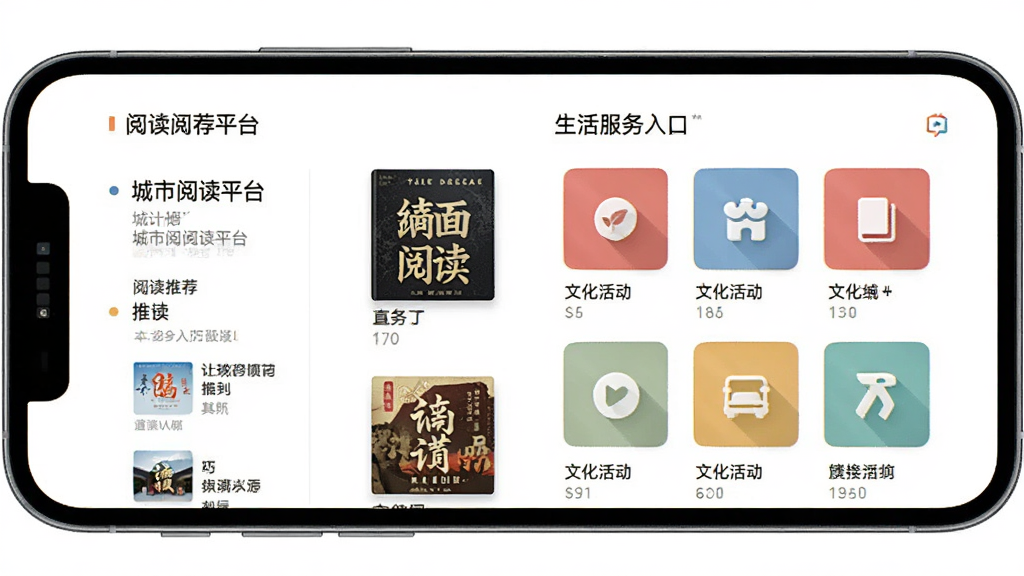 数字廊坊软件界面展示,主体为手机屏幕显示城市阅读平台首页,布局左侧为阅读推荐栏目右侧为生活服务入口,排版整齐清晰,风格现代简约扁平化,细节包含电子书封面和文化活动图标,画质高清干净无多余元素