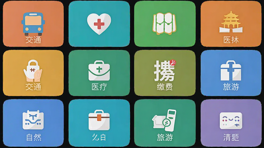 掌上敦煌应用内便民服务功能展示图,主体为手机界面截图风格,布局为宫格排列的服务图标,排版整齐有序,风格为扁平化设计,细节包含交通、医疗、缴费、旅游等图标,画质高清,干净,无多余元素