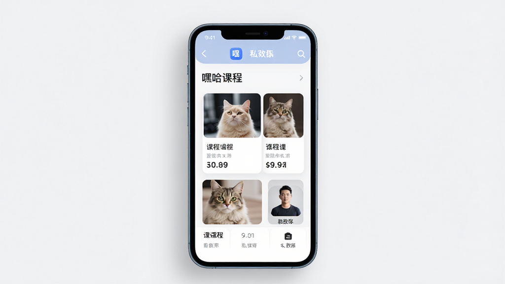 嘿哈猫健身应用界面展示,主体为手机屏幕显示约课与私教页面,布局居中,排版清晰,风格现代简约,细节包含课程卡片和教练头像,画质清晰,干净,无多余元素
