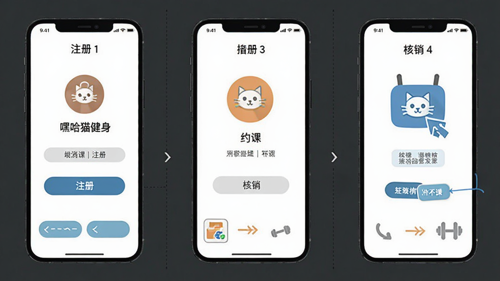 嘿哈猫健身使用步骤示意图,主体为手机操作界面分步展示,布局为纵向排列,排版简洁明了,风格扁平化,细节包含注册、约课、核销等图标,画质清晰,干净,无多余元素