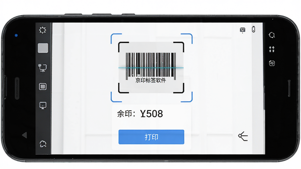 京印标签软件界面展示,主体为一部安卓手机屏幕显示商品扫码结果与打印按钮,布局居中,排版简洁,风格为现代科技感,细节包含条形码扫描框与价格数字,画质清晰,干净,无多余元素