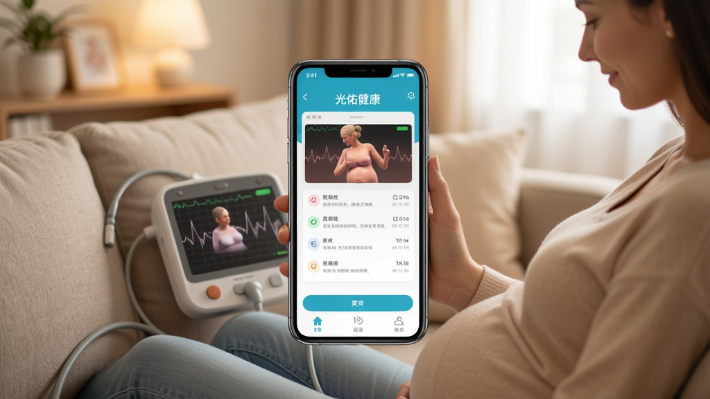 �ֻ���Ļչʾ���ӽ���APP���棬һλ�и�����ɳ����ʹ��̥�ļ໤�ǣ���ܰ�Ӽҳ��������ůɫ��������ɾ����࣬ҽ�ƽ�����񣬸��廭�ʣ��޶���Ԫ��