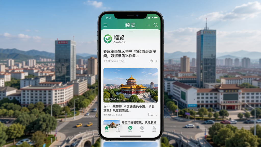 一部智能手机屏幕显示着“峄览”APP的新闻资讯界面,背景是枣庄市峄城区的城市风貌,布局为手机居中展示,排版清晰,风格为现代科技感,细节上屏幕内显示新闻标题和图片,画质高清,干净,无多余元素