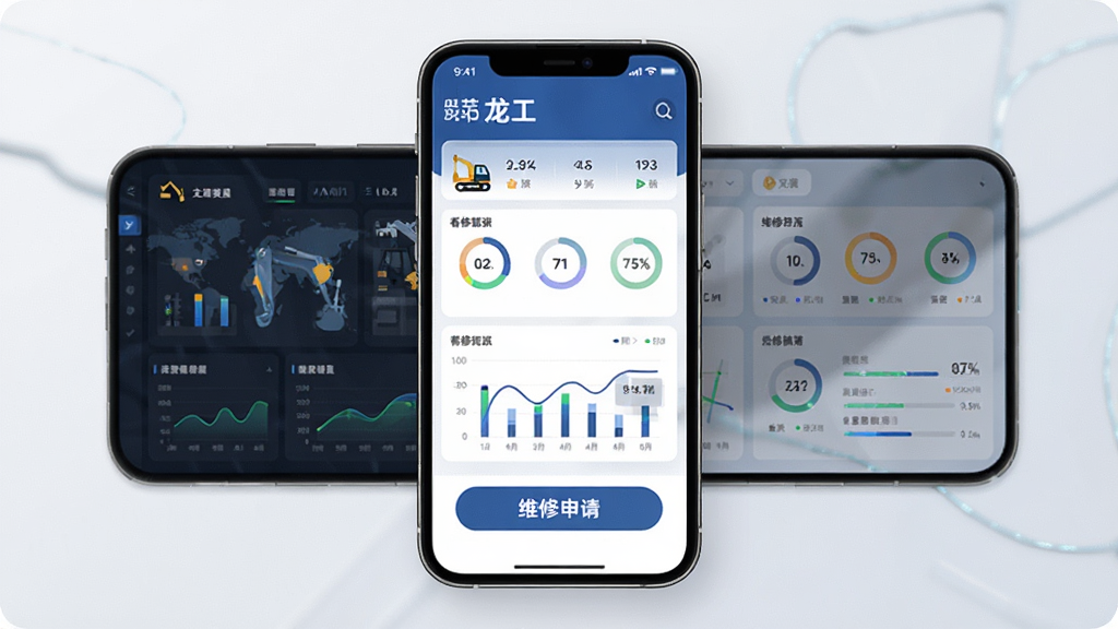 我的龙工App界面展示,主体为手机屏幕显示设备数据看板与维修申请按钮,布局居中,排版简洁,风格现代科技感,细节包含工程机械图标与数据图表,画质清晰,干净,无多余元素