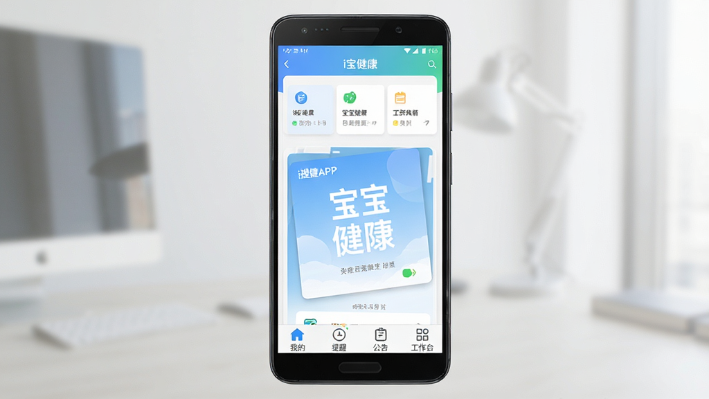 手机屏幕展示i宝健APP界面,主体为一部安卓手机,布局居中,排版简洁,风格商务清新,细节包含底部导航栏“我的、提醒、公告、工作台”四个图标,画质清晰,干净,无多余元素