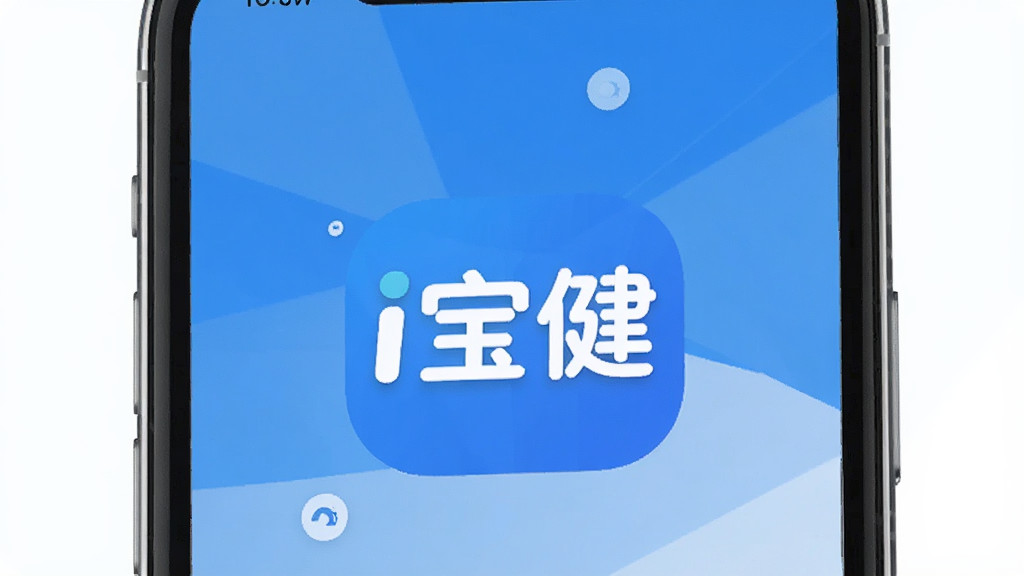i宝健APP启动页面,主体为手机屏幕显示品牌标志,布局居中,排版简约,风格干净明亮,细节包含蓝白色调与品牌元素,画质清晰,干净,无多余元素