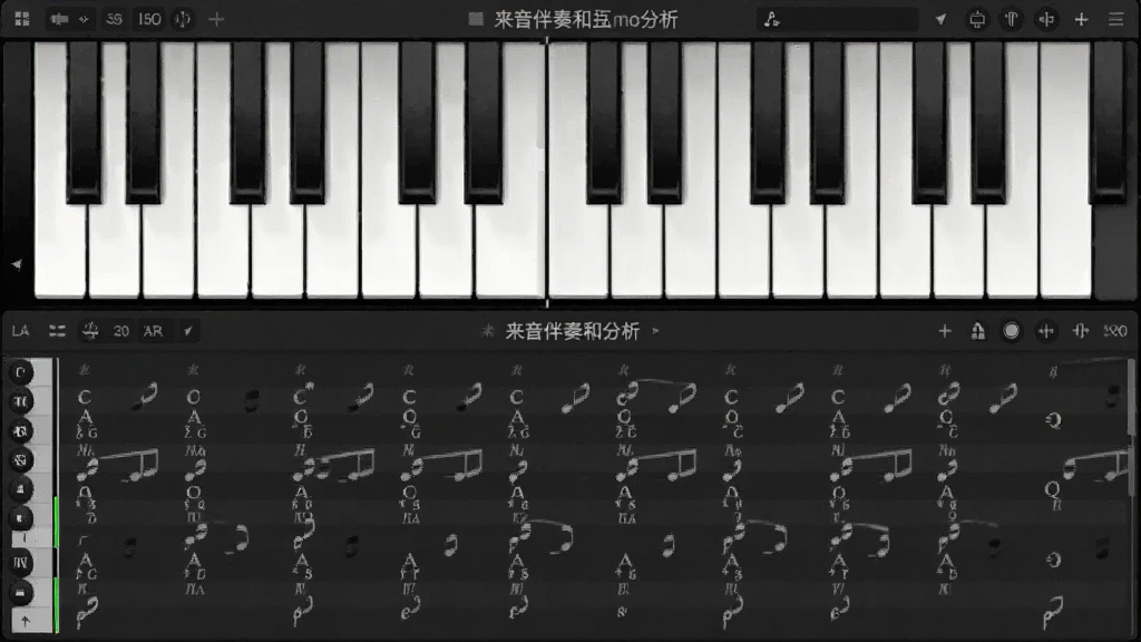 主体为来音伴奏和弦分析界面,布局采用上下结构,上方为钢琴卷帘窗,下方为和弦标记,排版整齐,风格为专业音乐制作软件风格,细节包含音符、和弦符号,画质清晰,干净,无多余元素