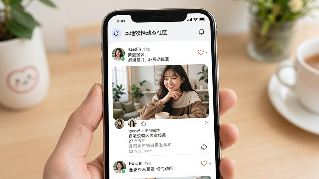 本地欢情动态社区页面,主体为手机界面展示用户动态流,布局为上下滚动列表,排版清晰,风格清新社交风,细节包含图片、文字、点赞图标,画质明亮,干净,无多余元素