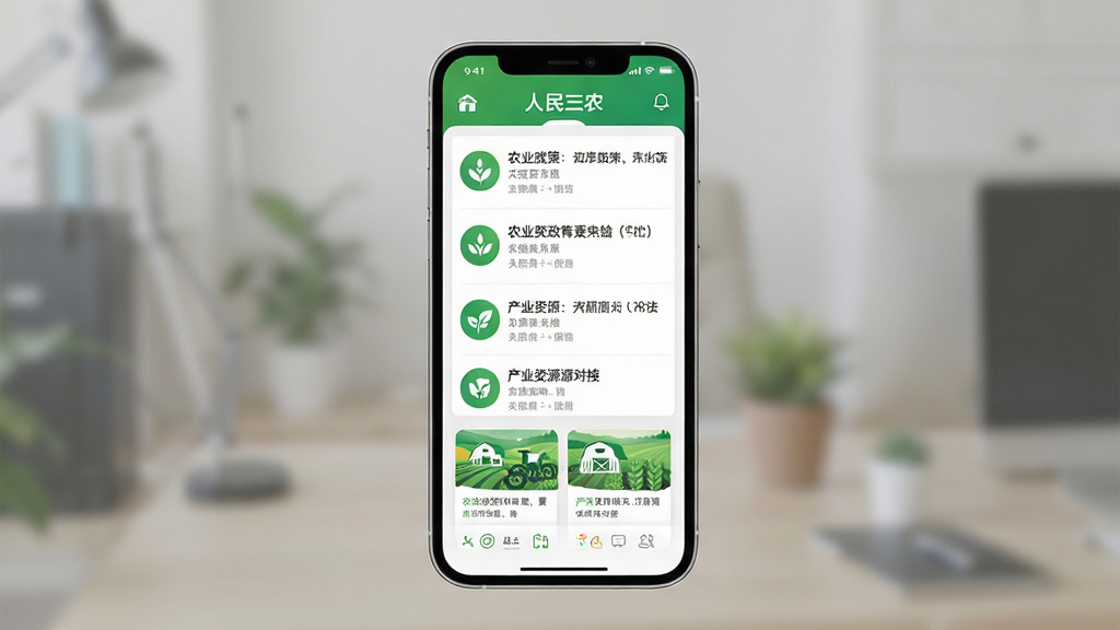 ������ũapp����չʾ������Ϊ�ֻ���Ļ����ʾũҵ������Ѷ�б��Ͳ�ҵ��Դ�Խӿ�Ƭ������Ϊ��������չʾ���Ű������������Ϊ�ִ���ƽ��UI��ƣ�ϸ�ڰ�����ɫũҵͼ����������ֱ��⣬���ʸ���ɾ��޶���Ԫ��