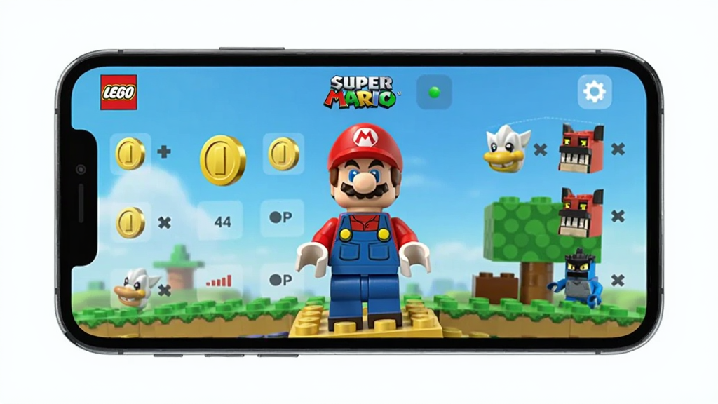 LEGO Super Mario Ӧ�����������ָ�����ŷ��ż���ӳ���������Ϊ�ֻ���Ļ��ʾͬ�����ݣ����־��У��Ű��࣬���Ϊ������ͨ��ϸ�ڰ������ͼ��͵���ͷ�񣬻��ʸ��壬�ɾ����޶���Ԫ��