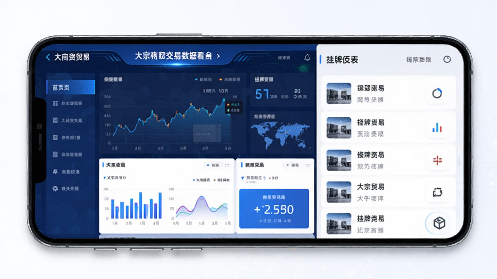 大宗物贸平台APP界面展示,主体为手机屏幕显示大宗商品交易数据看板,布局为首页仪表盘与挂牌列表,排版整洁清晰,风格为现代商务科技感,细节包括蓝色主色调、图表与数字卡片,画质高清,干净,无多余元素