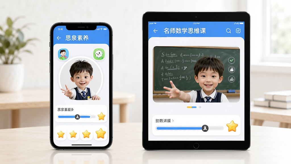 ˼Ȫ����APP����չʾ������Ϊһ��Сѧ����ƽ���Ϲۿ���ʦ��ѧ˼ά�Σ�����Ϊ�����ֻ���ƽ���������Ű����룬���Ϊ���½����Ƽ��磬ϸ�ڰ�����ͨͼ�ꡢ�����������ǽ��������ʸ��壬�ɾ����޶���Ԫ��