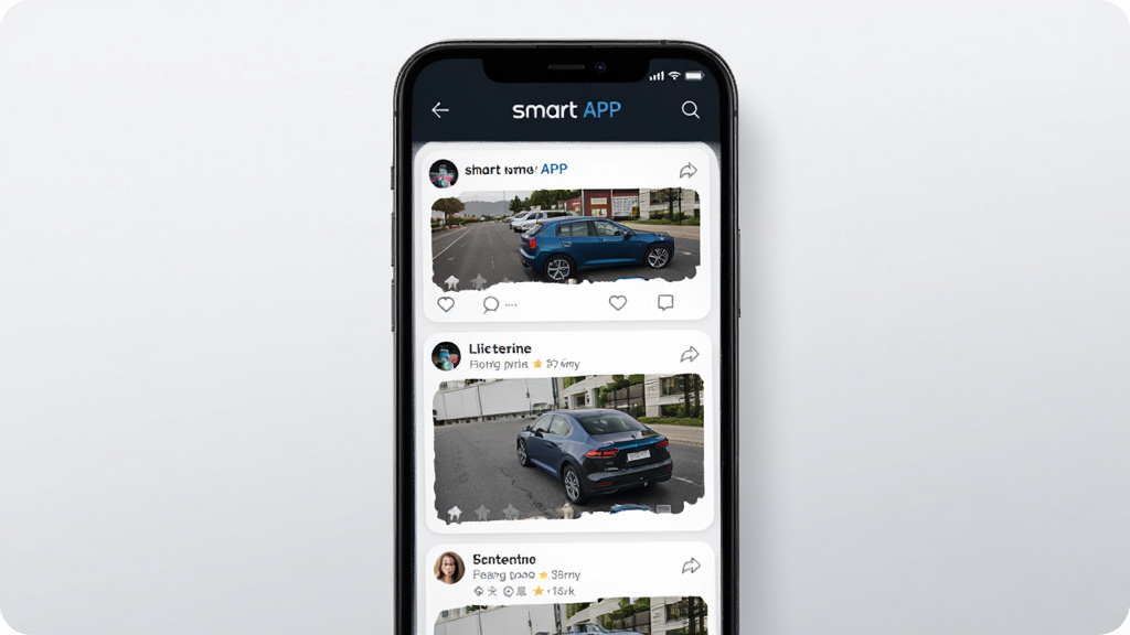 ��������Ϊһ�������ֻ���Ļ����Ļ����ʾsmart����APP��������Ϣ�����棬���������û������ĳ�����Ƭ�����ֶ�̬�����ֲ������»�����Ƭʽ�Ű棬���Ϊ�ִ�����UI��ƣ�ϸ�ڰ�������������������ͼ�����������ݣ����������ɾ����޶���Ԫ�أ�����Ϊǳ��ɫ���䡣