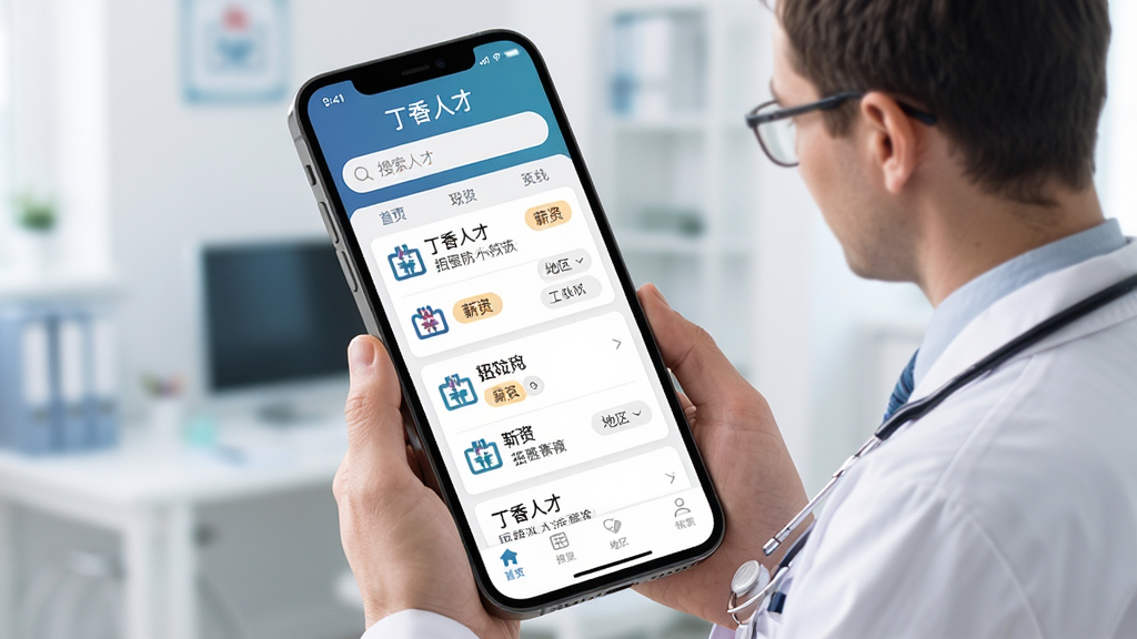 �ֻ���Ļչʾ�������˲š�APP���棬����Ϊһλ���״�ӵ�ҽ�����ڲ鿴��Ƹ�б�������Ϊ�������������в�ְλ��Ƭ�����ײ����������Ű������������Ϊ�ִ�ҽ������磬ϸ�ڰ���ҽԺͼ�ꡢн�ʱ�ǩ������ɸѡ��ť�����ʸ��壬�ɾ����޶���Ԫ��