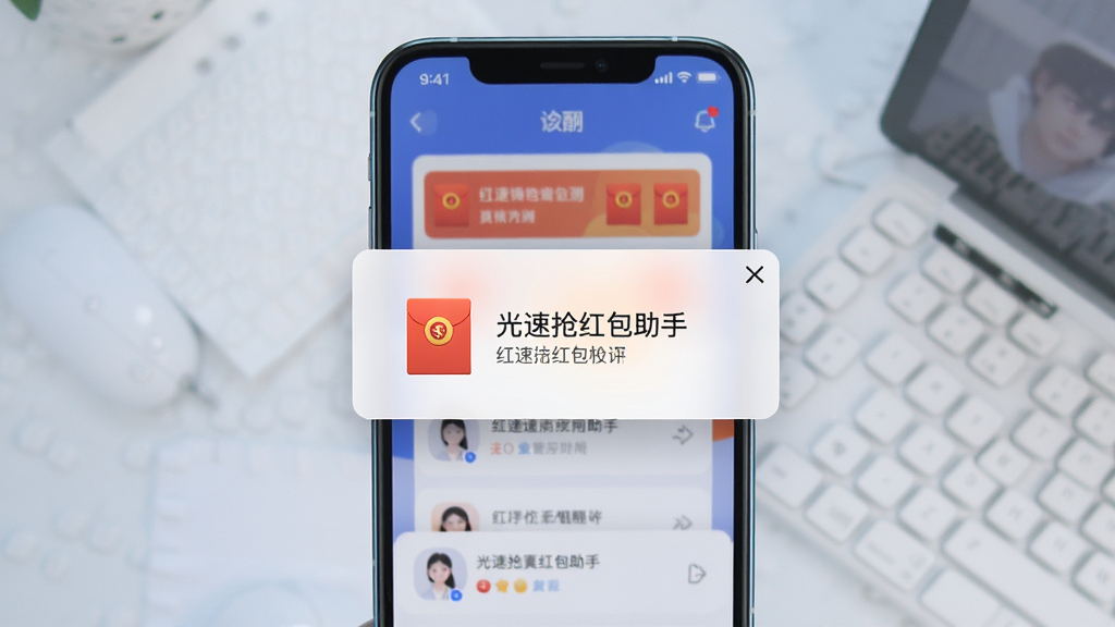 光速抢红包助手 手机界面展示 悬浮窗提醒 红包动态检测 布局为手机屏幕中央显示红包弹窗 排版简洁 风格科技感 细节包含红包图标和提醒文字 画质清晰 干净 无多余元素
