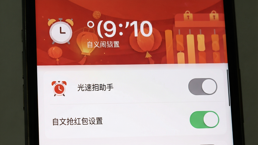 光速抢红包助手 自定义闹钟设置界面 手机屏幕显示时间设置选项 布局上下结构 排版清晰 风格简约 细节包含闹钟图标和开关按钮 画质干净 无多余元素