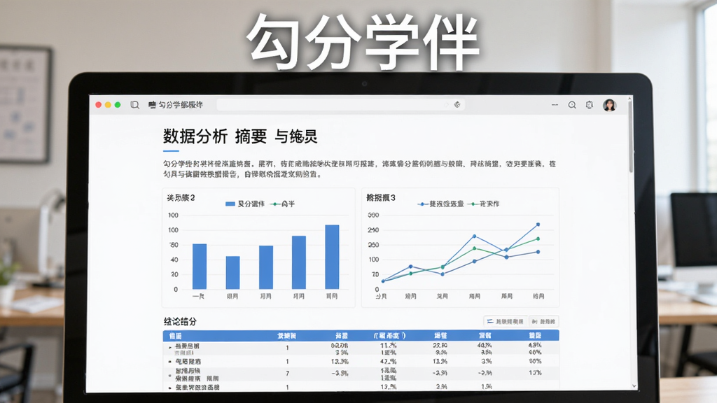 软件名称“勾分学伴”显示在电脑屏幕上方,主体为一份自动生成的数据分析报告页面,布局为上下结构,上方为报告标题与摘要,下方为图表与结论,排版整齐,风格为商务简约,细节包含柱状图、折线图、数据表格,画质清晰干净无多余元素