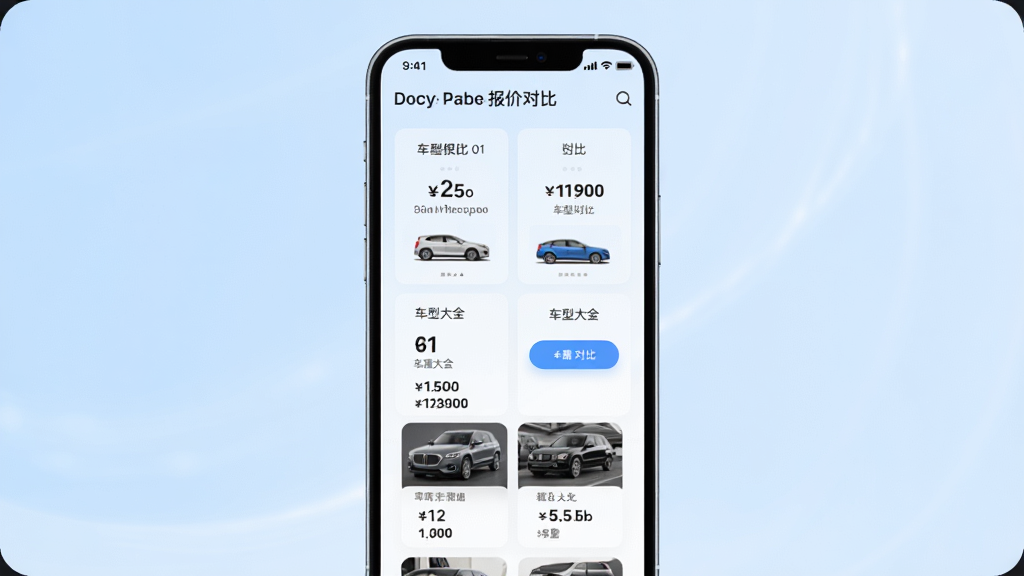 手机屏幕上展示车险报价对比列表和车型大全卡片式布局,主体为一部竖屏手机,背景为浅蓝色渐变,排版简洁,风格现代科技感,细节包括报价数字、车型缩略图、对比按钮,画质清晰,干净,无多余元素