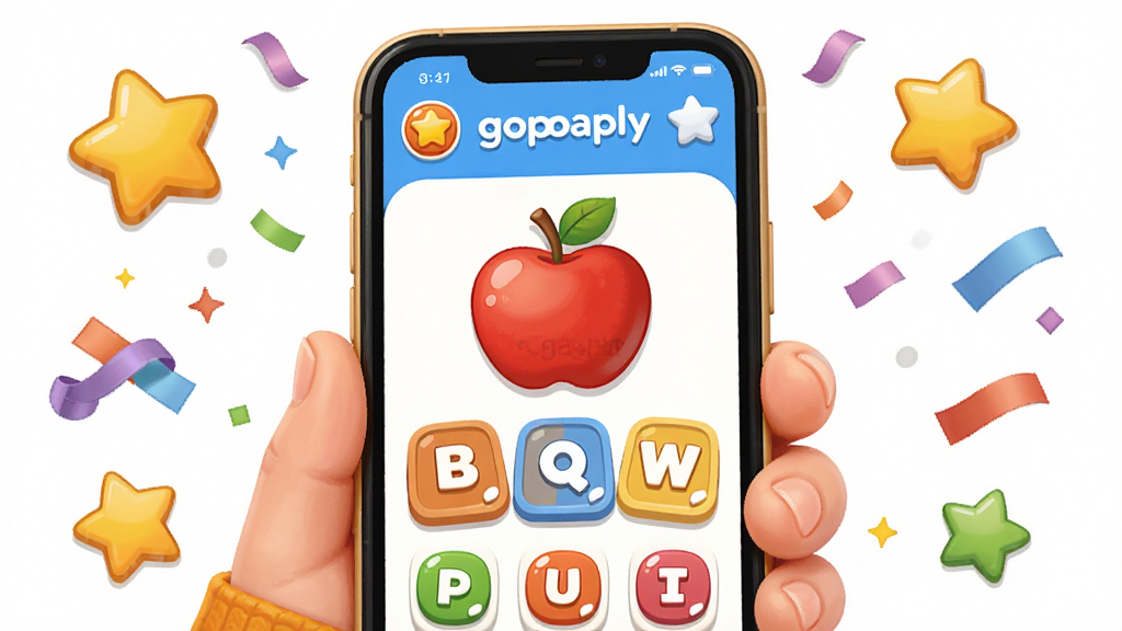 ������һ����ͨ���Ķ�ͯ�ֳ��ֻ�����Ļ����ʾgopaly�µ�����Ϸ���棬��ƻ��ͼ���ʹ��ҵ���ĸ��Ƭ������Ϊ�ֻ����У���Χ�����ǺͲʴ�װ�Ρ��Ű���ã����Ϊ��ͯ��Ϸ��UI�廭��ϸ�ڰ�������ɫ�ʺ�Բ��ͼ�꣬���ʸ���ɾ����޶���Ԫ�ء�