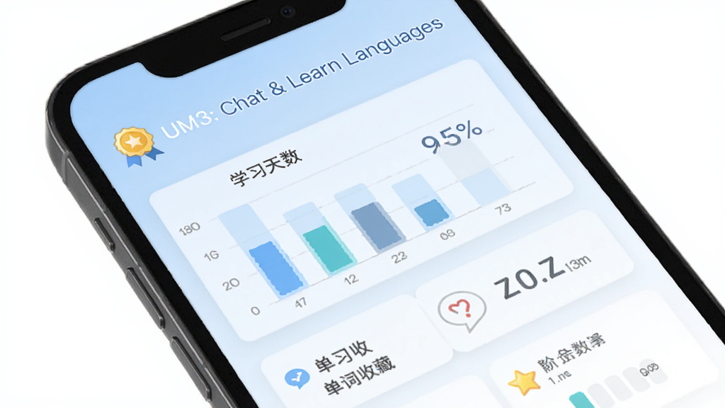 ��UM3: Chat & Learn Languages��ѧϰ����ͳ��ҳ�棬�ֻ���Ļ��ʾ��״ͼ��ѧϰ�����������ղ�����������Ϊ����ɫ���䣬���������ϸ�ڰ�������ͼ�ꡢ���а��ǩ�������������ɾ����޶���Ԫ��