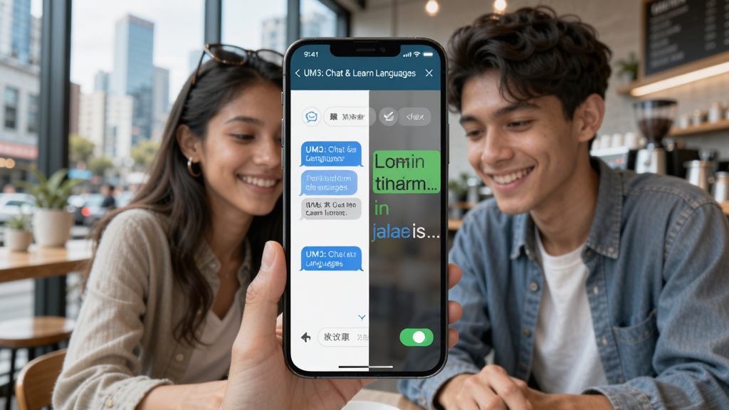 �ֻ���Ļչʾ��UM3: Chat & Learn Languages��������棬�������������Ҳ���ʾӢ�ķ�����������Ϊ�����ĳ��п��ȹݣ���λ������΢Ц�����ֻ�����������ִ���ϸ�ڰ����������ݡ������ʶ�������л���ť�������������ɾ����޶���Ԫ��