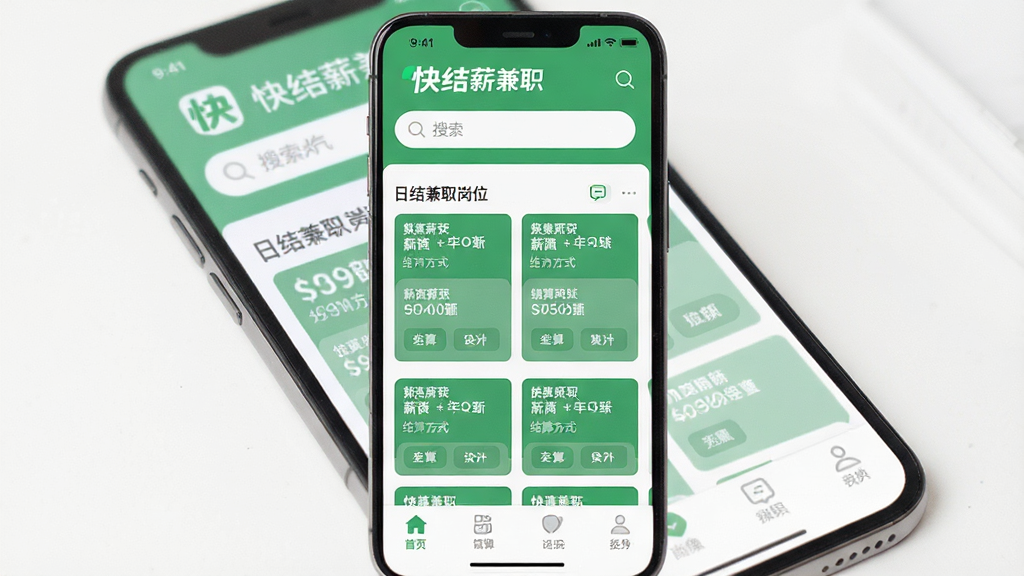 �ֻ���Ļչʾ���н��ְAPP��ҳ���棬ҳ�涥����ʾ���н��ְLOGO�����������в�Ϊ�ս��ְ��λ�б���Ƭ��ÿ�ſ�Ƭ��עн�ʺͽ��㷽ʽ���ײ������������ɼ������岼�ּ�����ˣ���ƽ��UI�����ɫΪ��ɫ����ϸ�����������ʸɾ����޶���Ԫ��