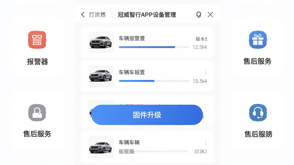 ��������APP�豸����ҳ�棬��������Ϊ�����б��͹̼�������ť����Χ���Ʊ��������ú��ۺ����ͼ�꣬��������������Լ��ˬ��ϸ���н������Ͱ汾�ţ����ʸɾ����޶���Ԫ��