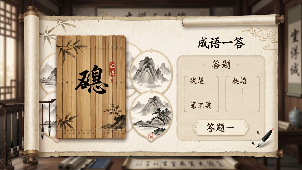 成语答一答软件界面展示,主体为古风书院场景,布局左侧为成语卡片右侧为答题区,排版采用国风卷轴样式,风格典雅清新,细节包含水墨山水、竹简纹理与毛笔字元素,画质高清,干净,无多余元素