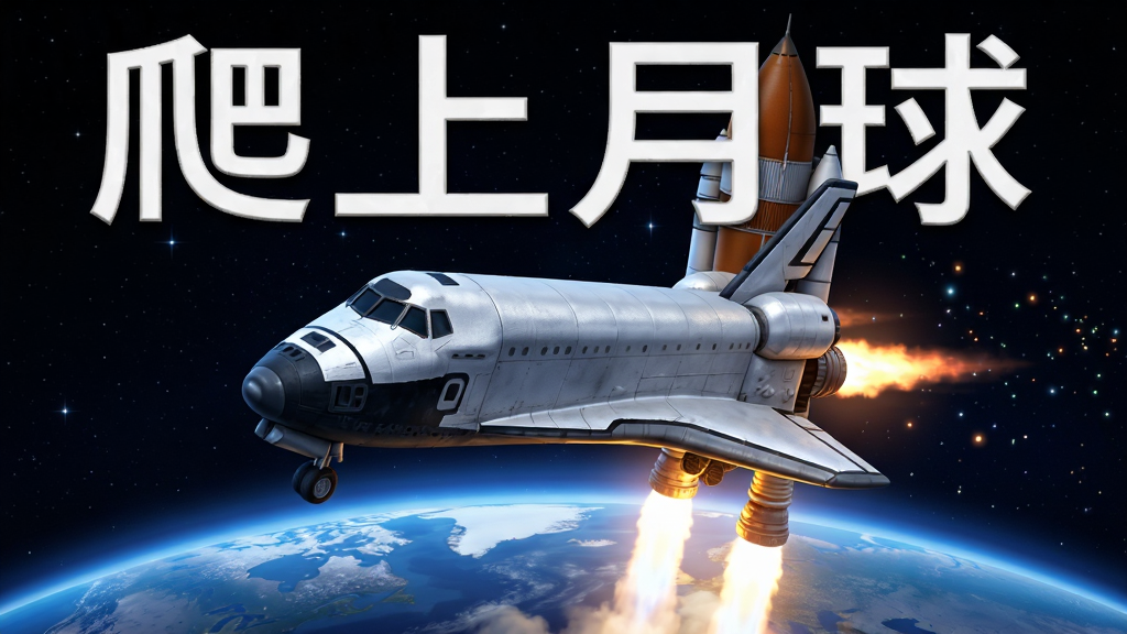 一款以“爬上月球”为主题的太空游戏画面,主体是一架银白色航天飞机从地球发射升空,背景是深邃的星空和蓝色地球弧线,布局为横版飞行视角,排版简洁,风格为写实科幻,细节包括引擎火焰、星空粒子、地球云层,画质高清,干净,无多余元素